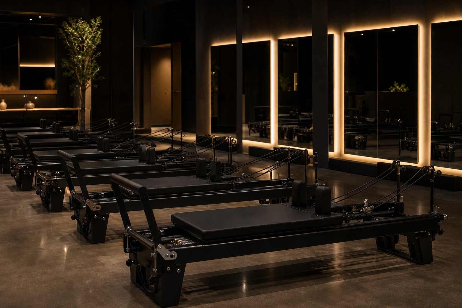 Premium boutique studio lobby opening into a reformer machine room